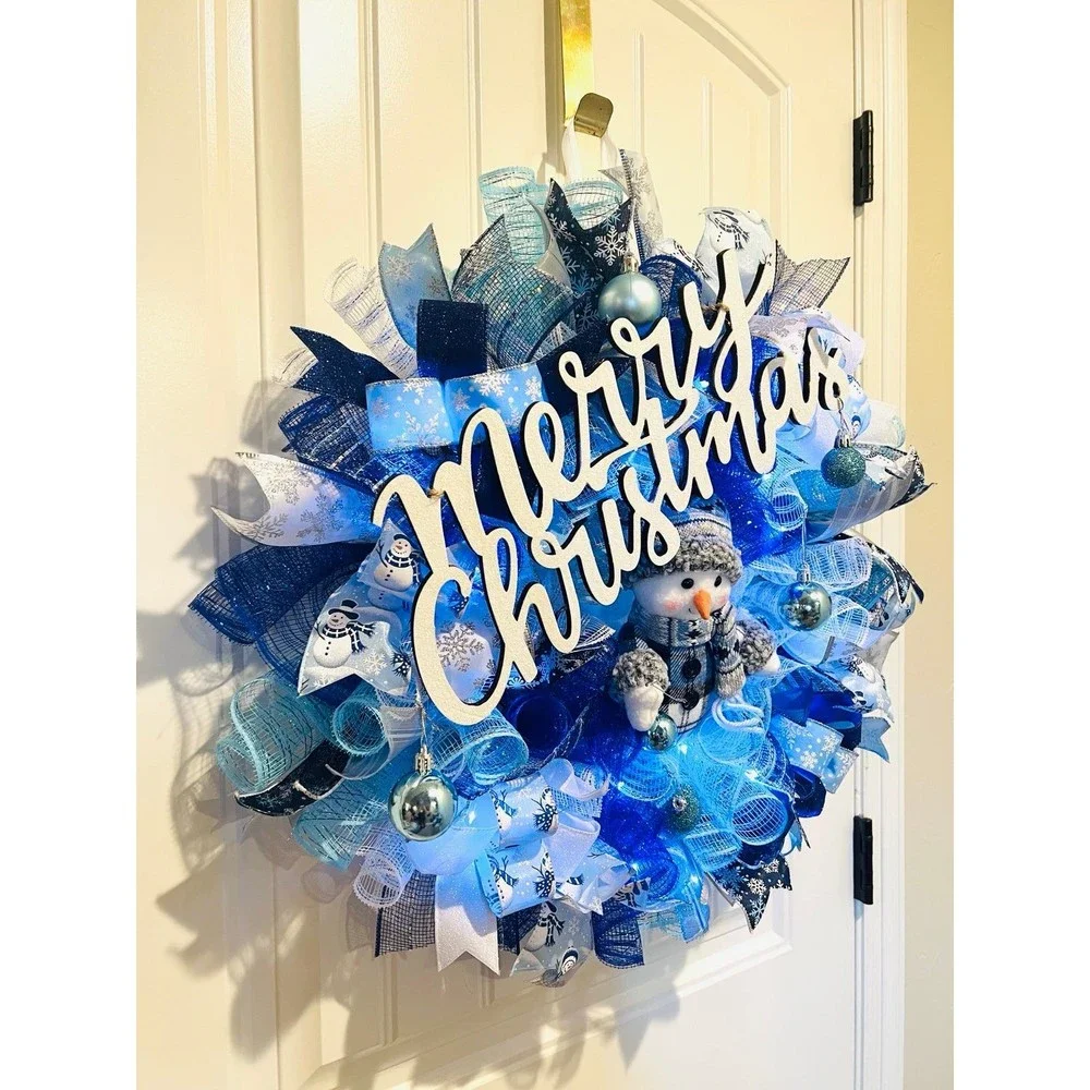 Blue Snowman Merry Christmas Ribbon Door Wreath Handmade 22 ins LED W23